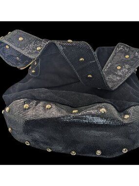 Glam Goth Kiki Pearl Black Suede & Faux Snakeskin Studded Shoulder Bag With Hot